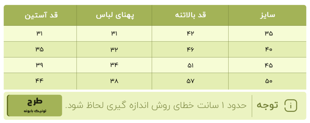 جدول سایزبندی