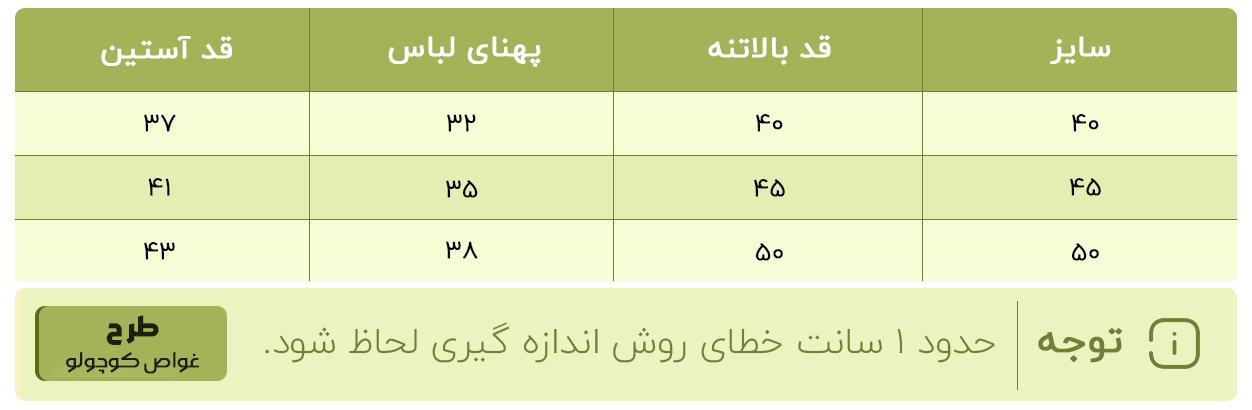 جدول سایزبندی