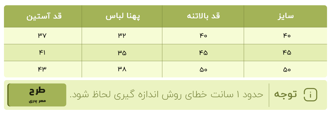 جدول سایزبندی