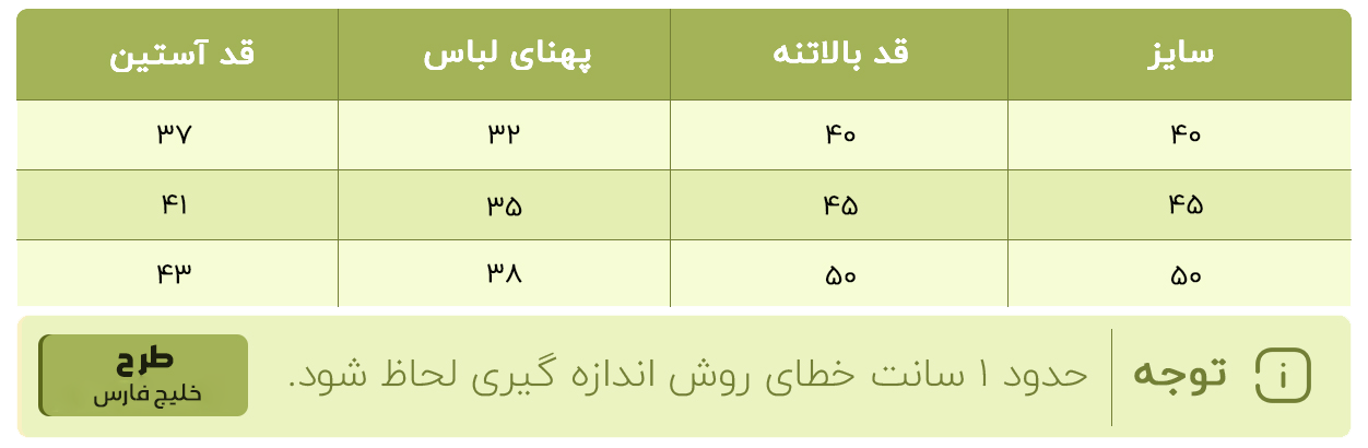 جدول سایزبندی
