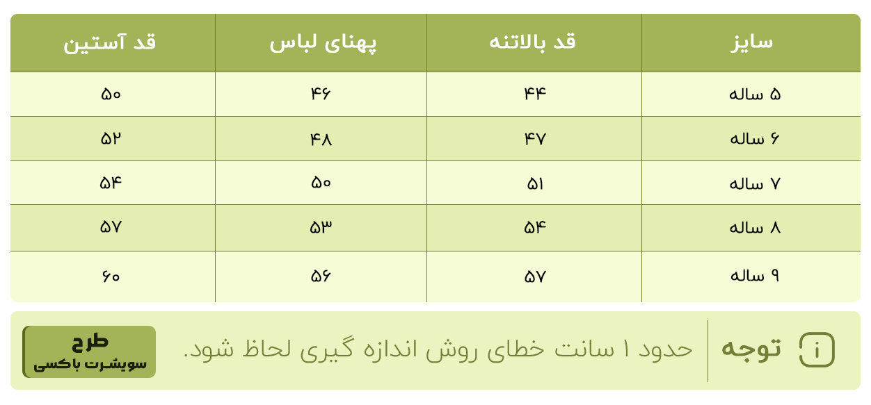 جدول سایزبندی